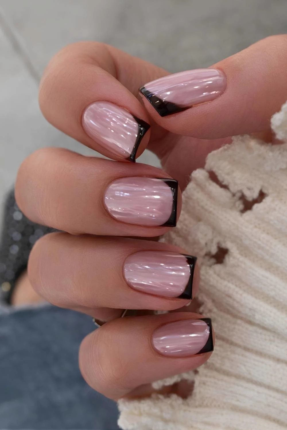 Black micro French mani with chrome finish