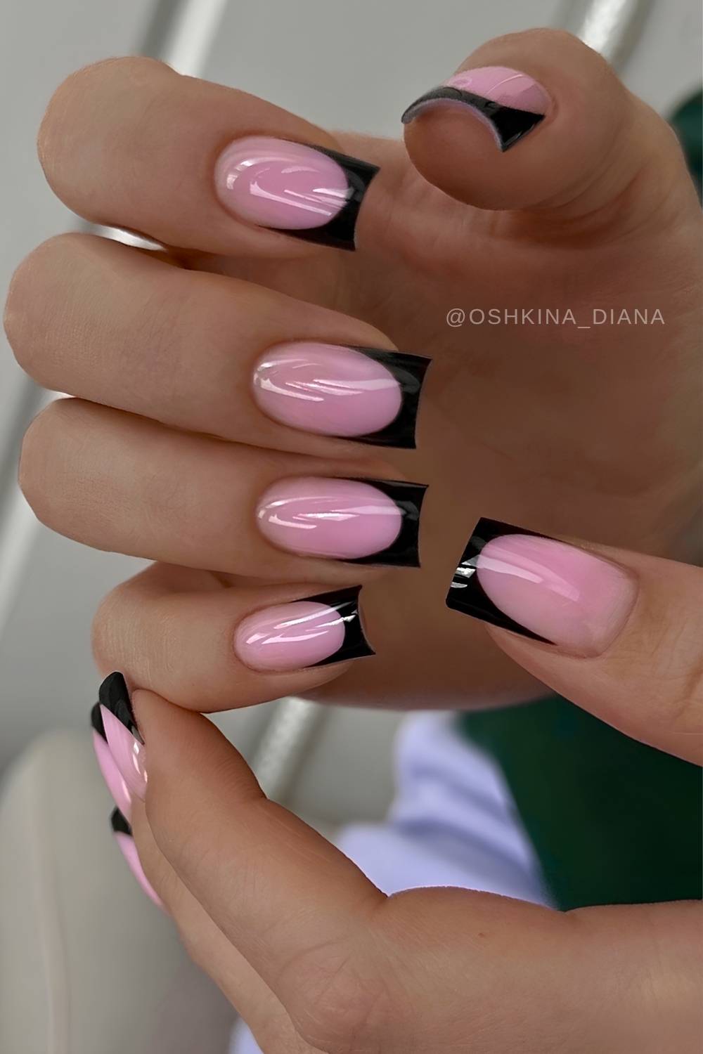 Black square French mani on a pink base