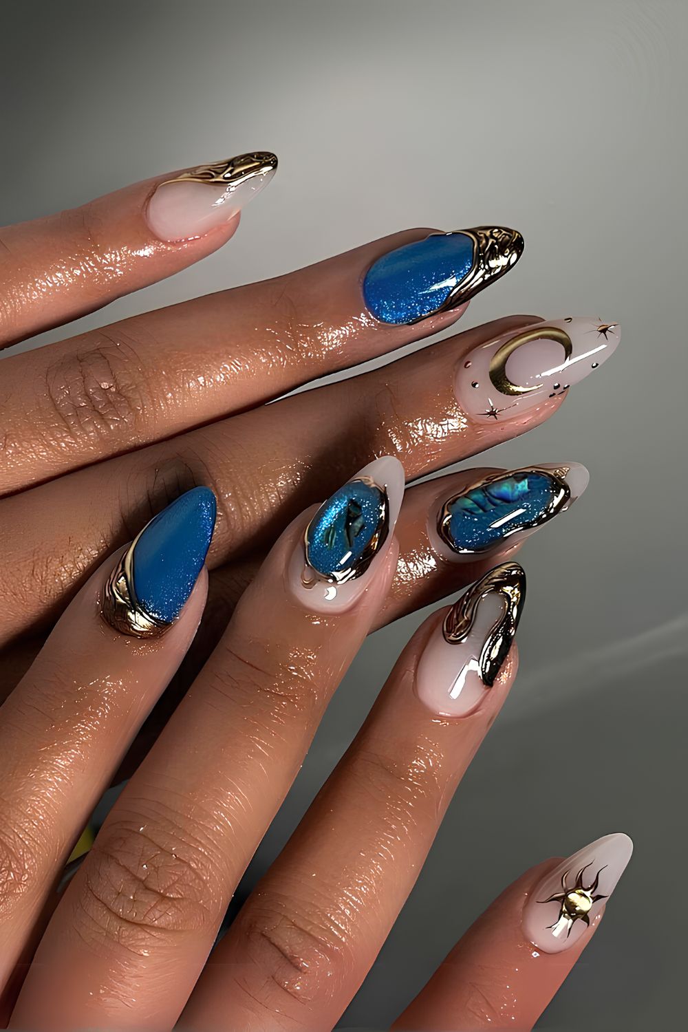 Blue and white mani with velvet and chrome accents