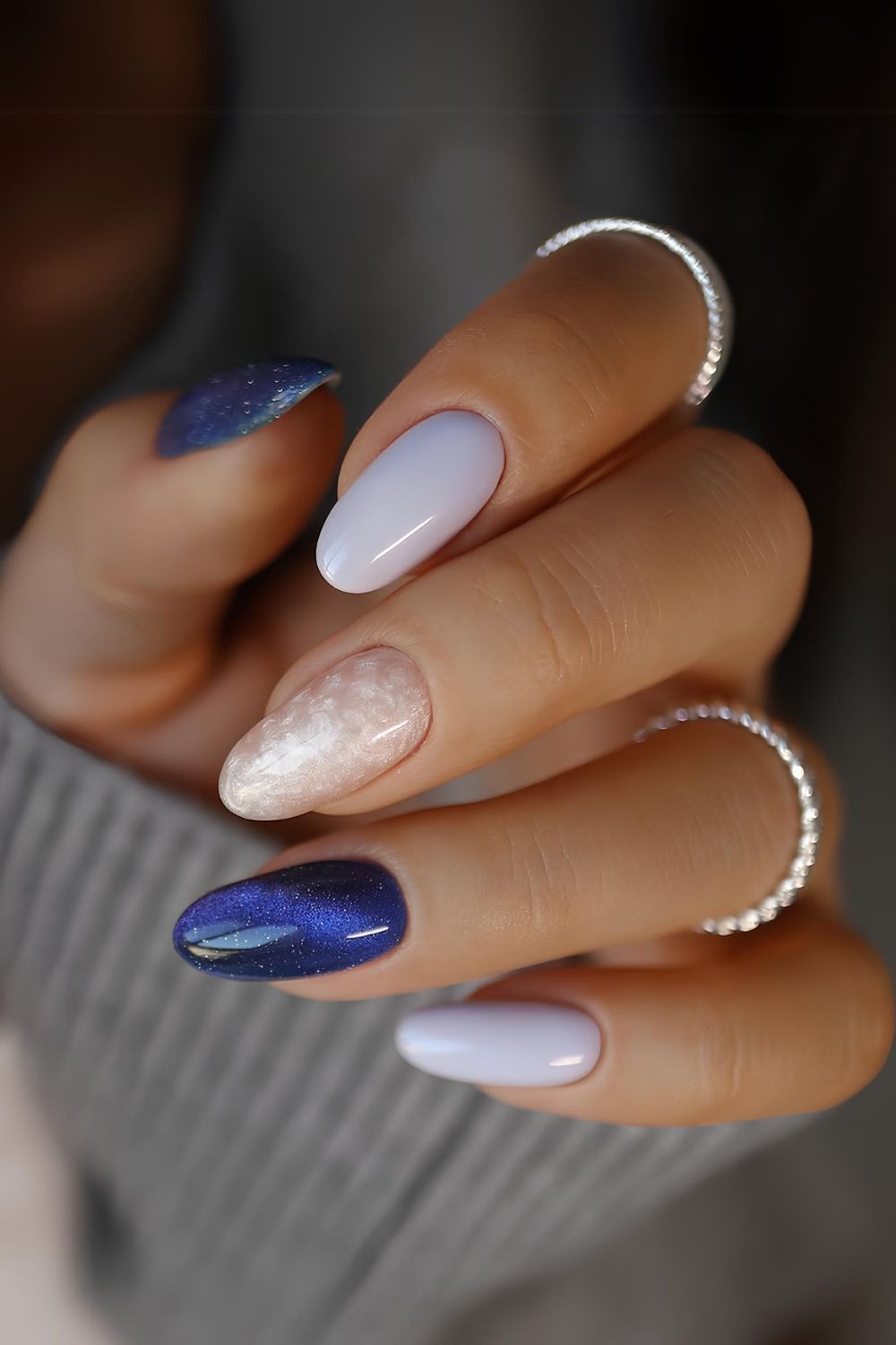 Blue mix and match mani with different textures