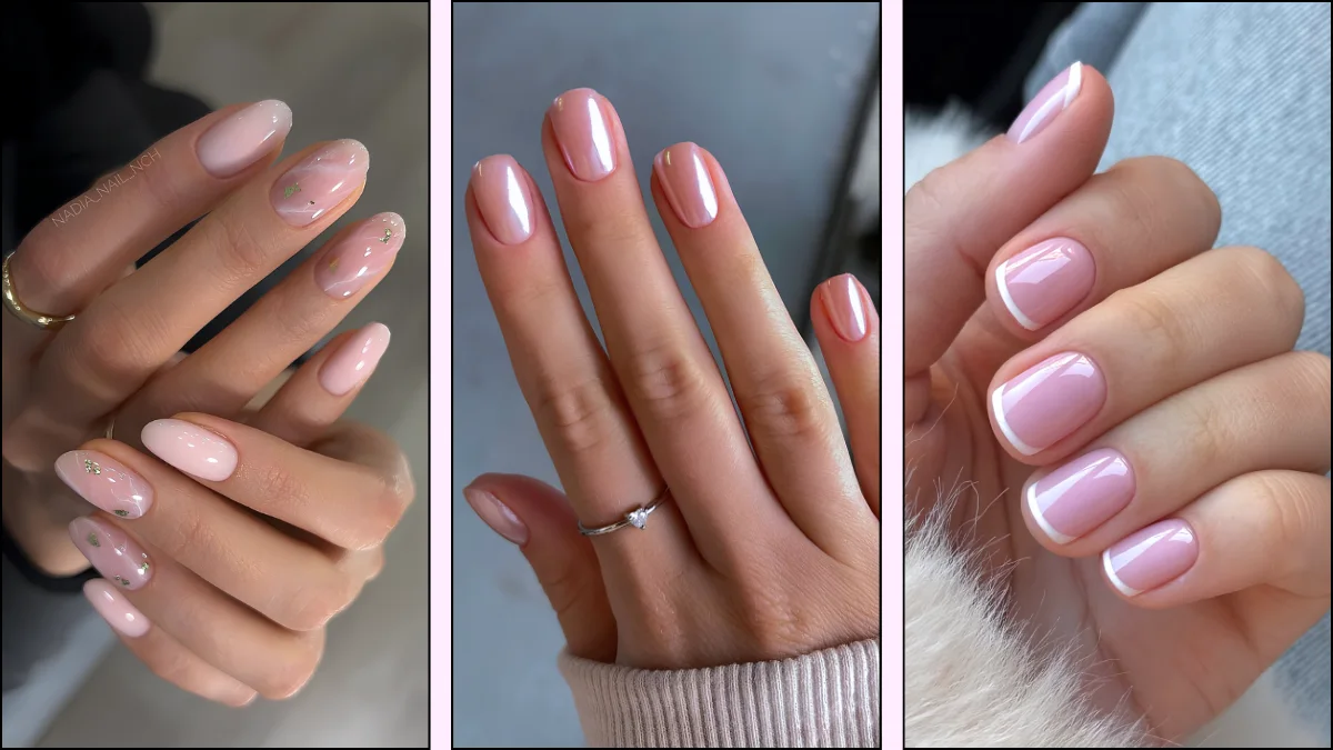 A collage of bubble bath pink nail designs