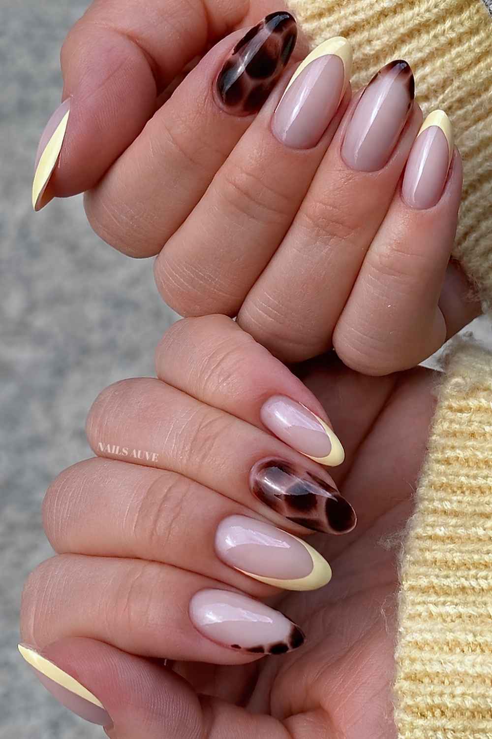 Butter yellow French mani with tortie shell accents