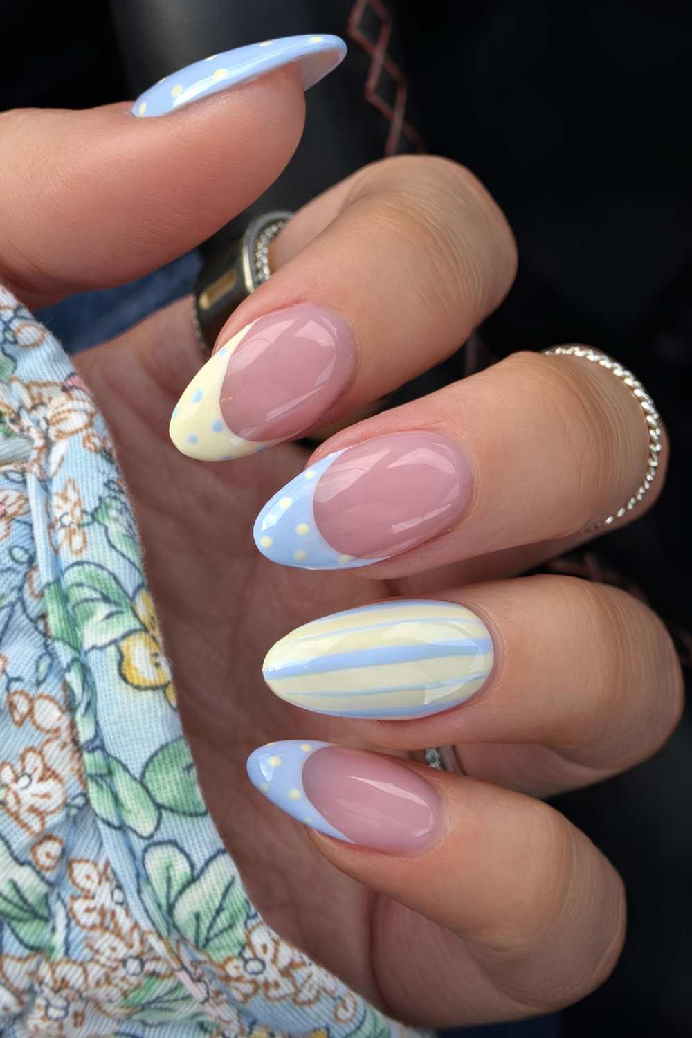 Butter yellow and blue nails with stripe and dot art
