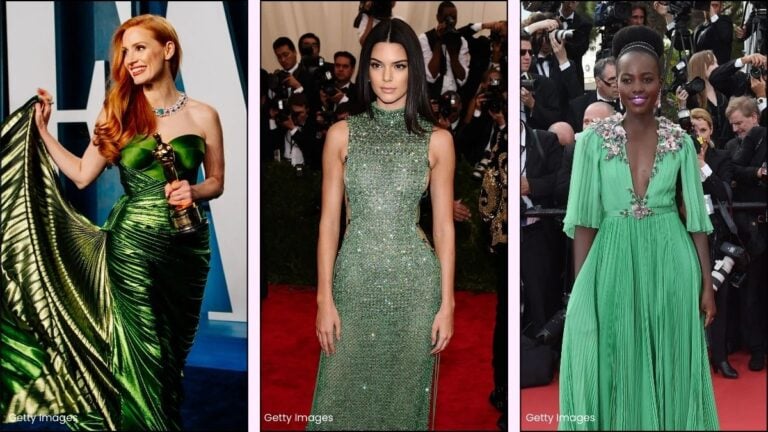 A collage of celebrities in glamorous green dresses