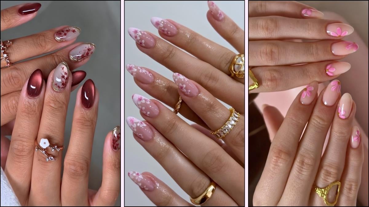A collage of cherry blossom nail art designs