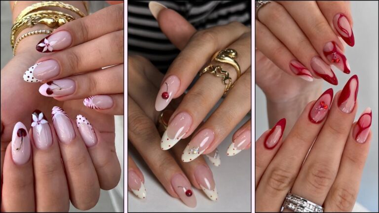 A collage of cherry nail designs