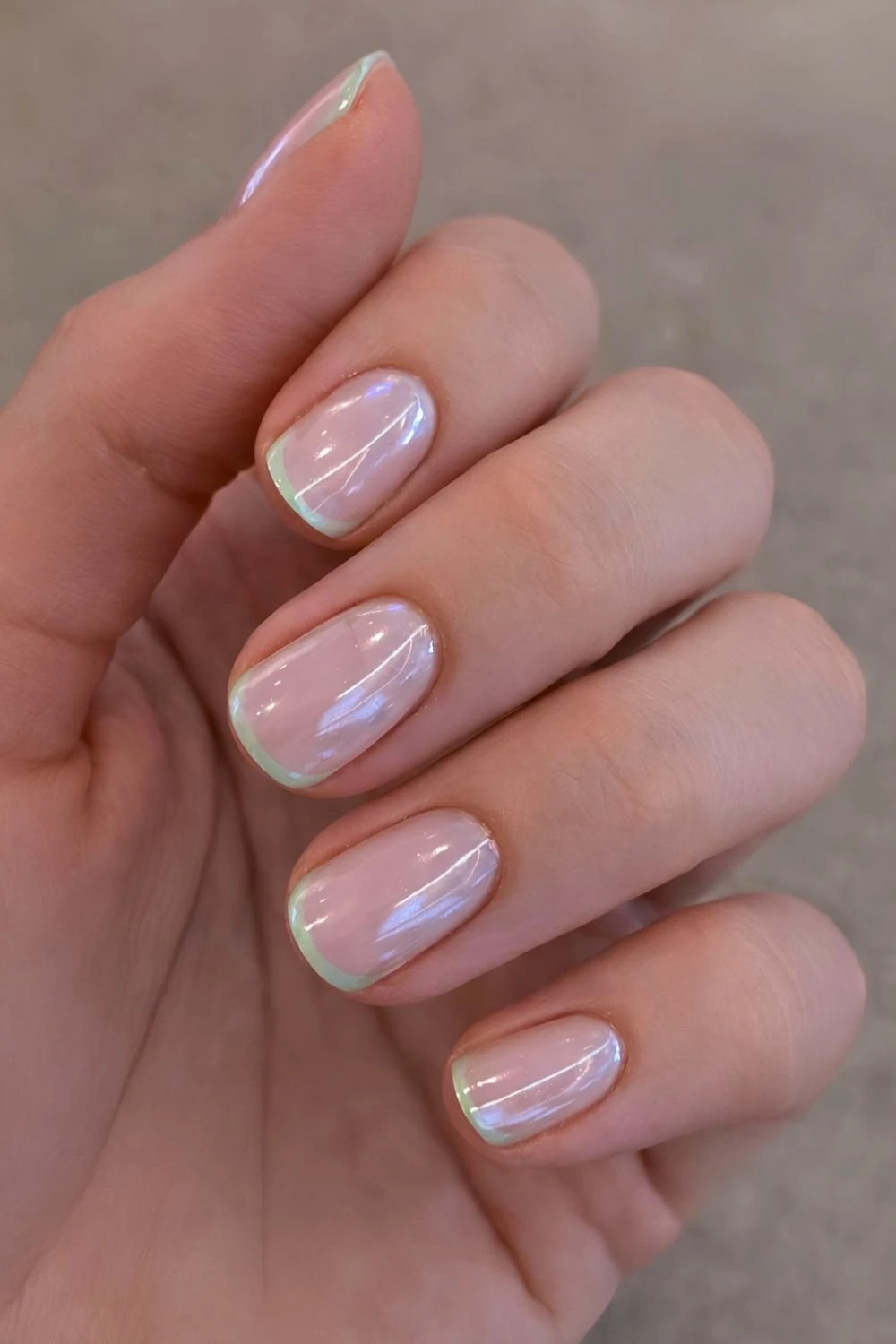 Chrome soft green micro French manicure