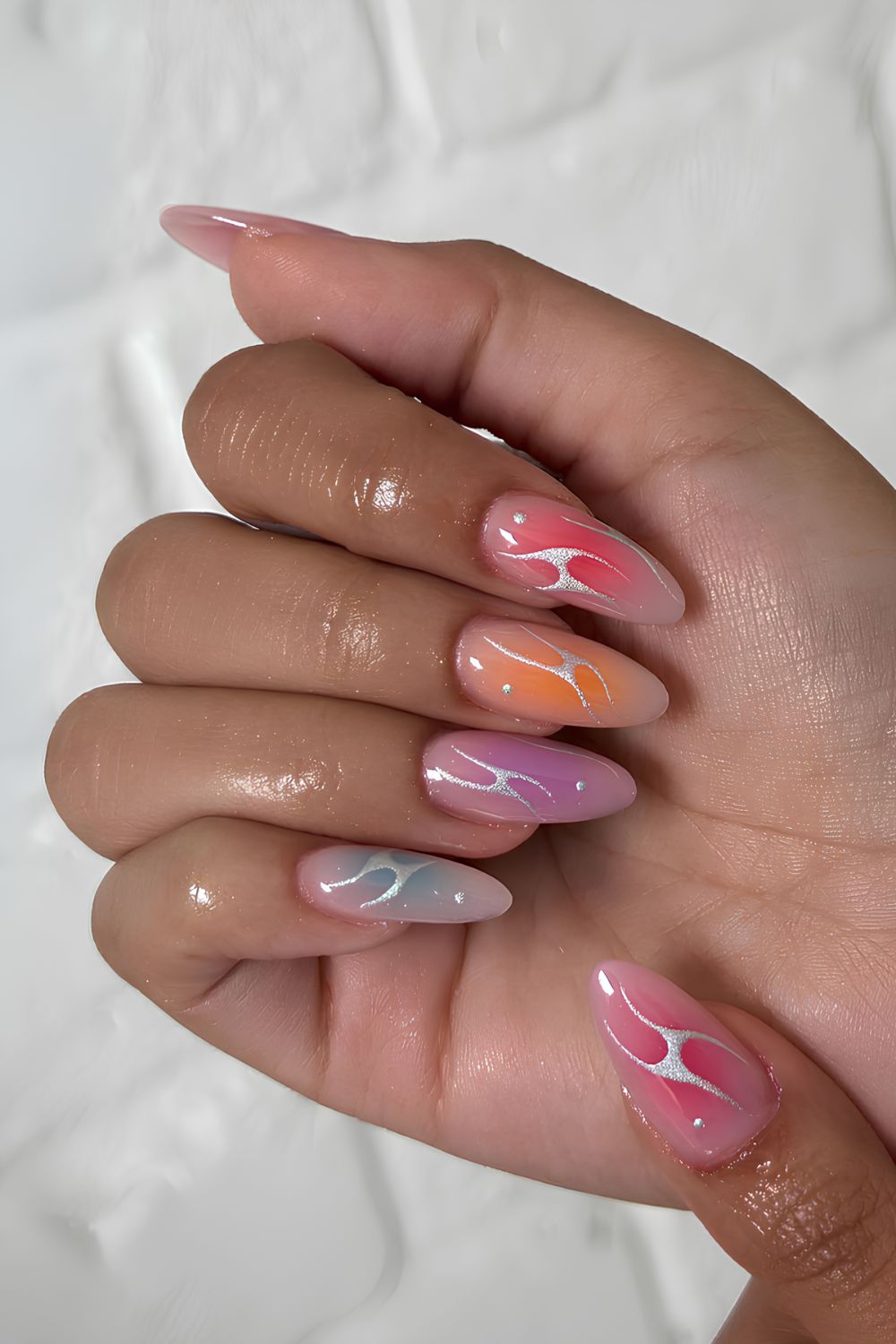 Colorful aura mani with silver chrome accents