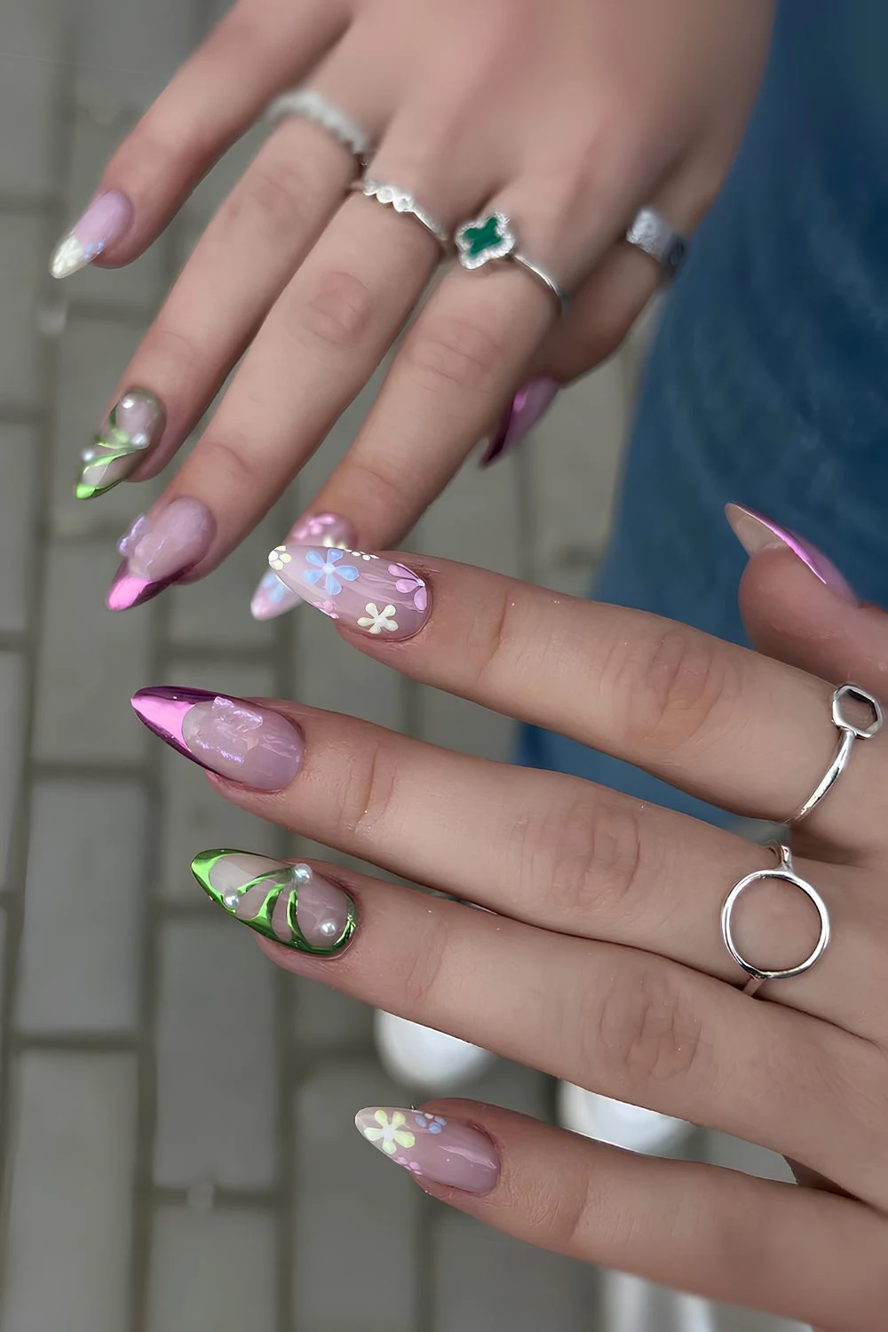 Colorful chrome mani with flower and butterfly art