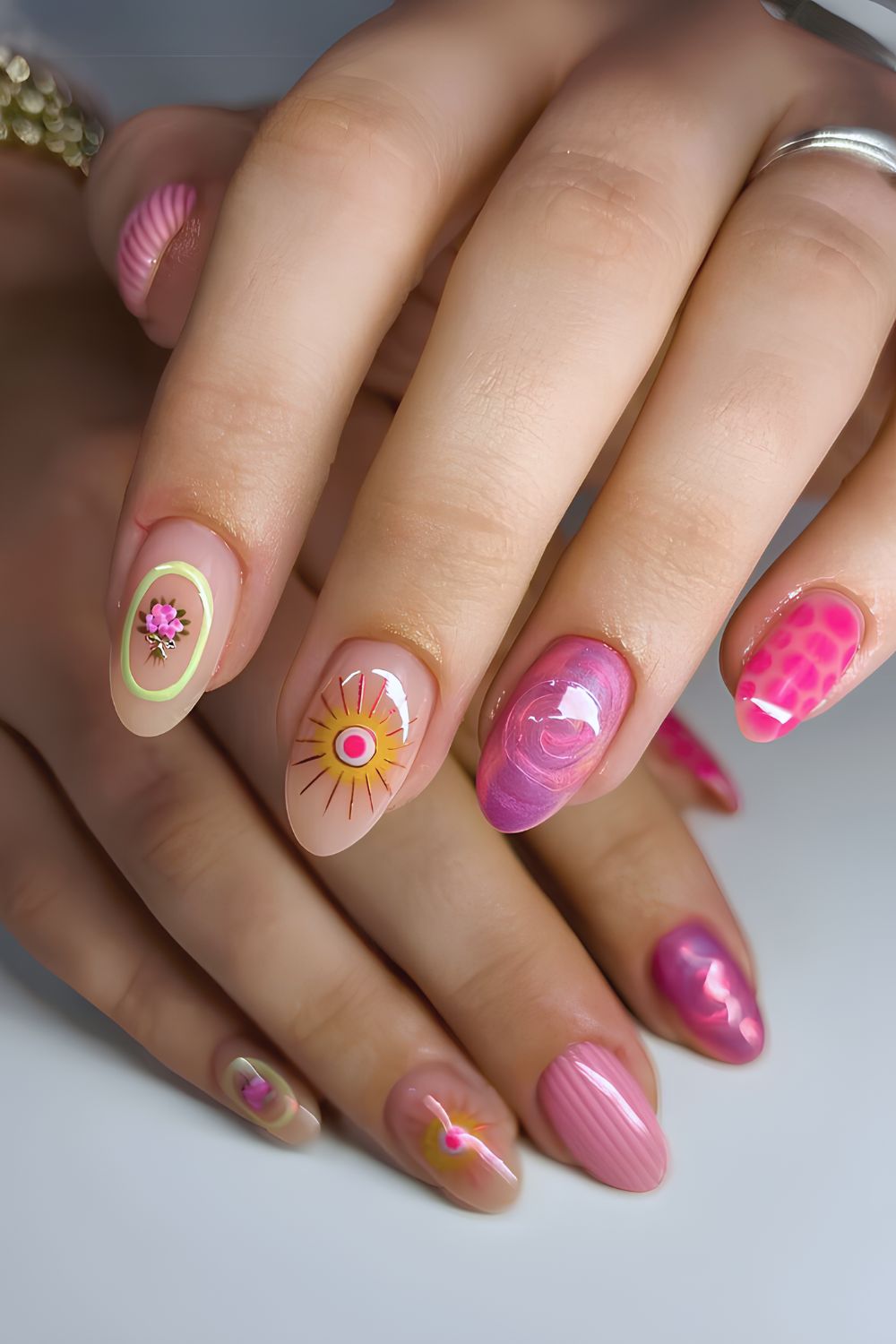 Colorful mani with different pattern on each nail