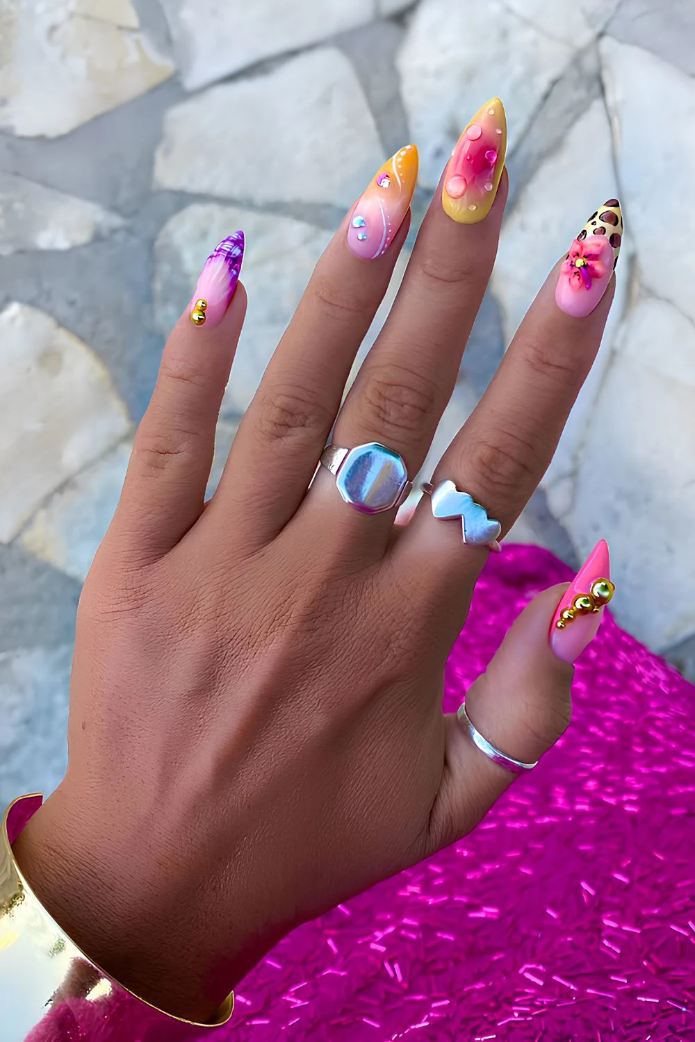 Colorful nails with flowers and animal print