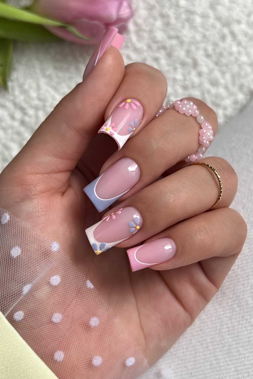 Colorful pastel floral French manicure