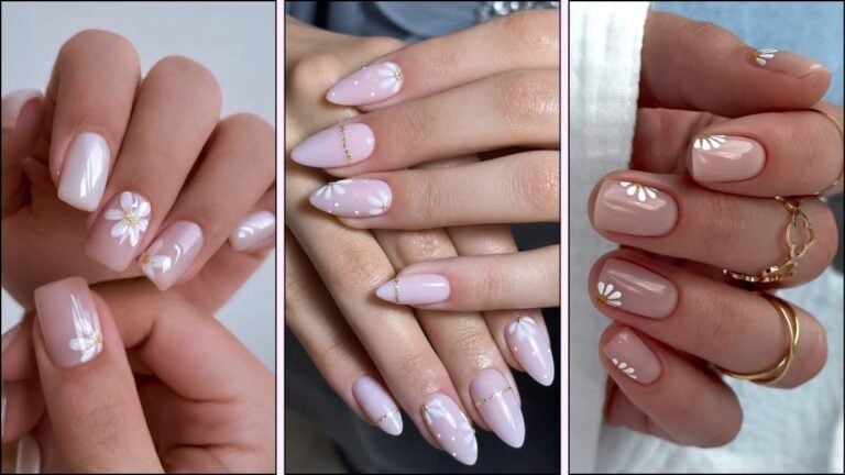 A collage of daisy nail designs