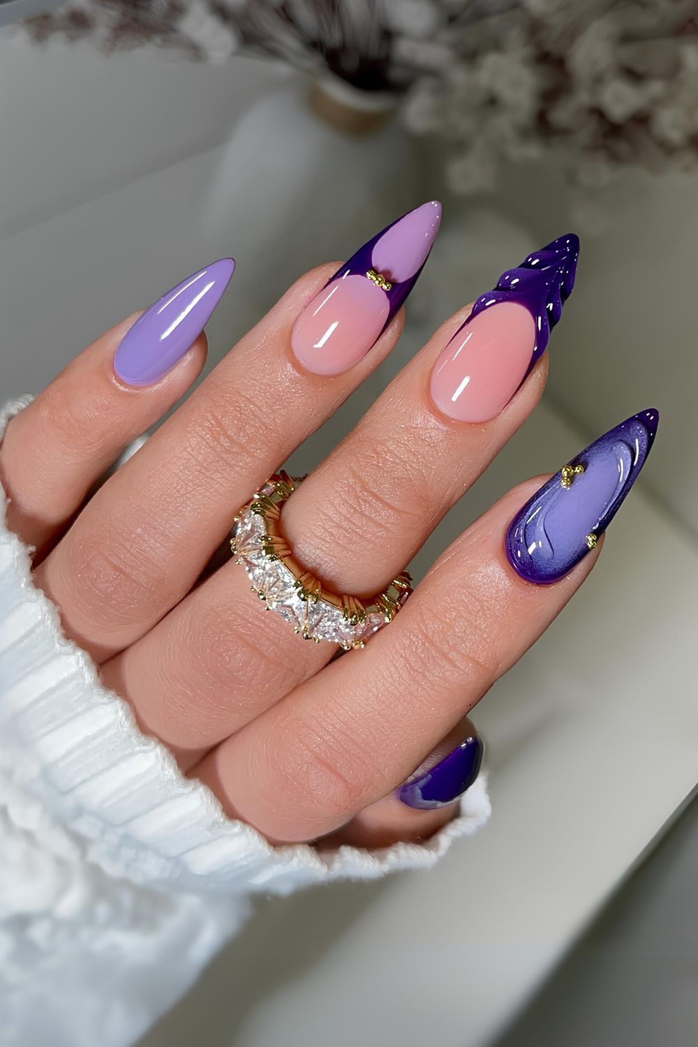 Dark and light purple mix and match mani