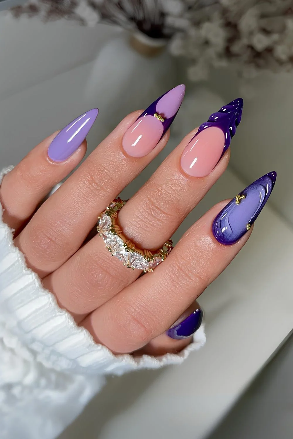 Dark and light purple mix and match mani