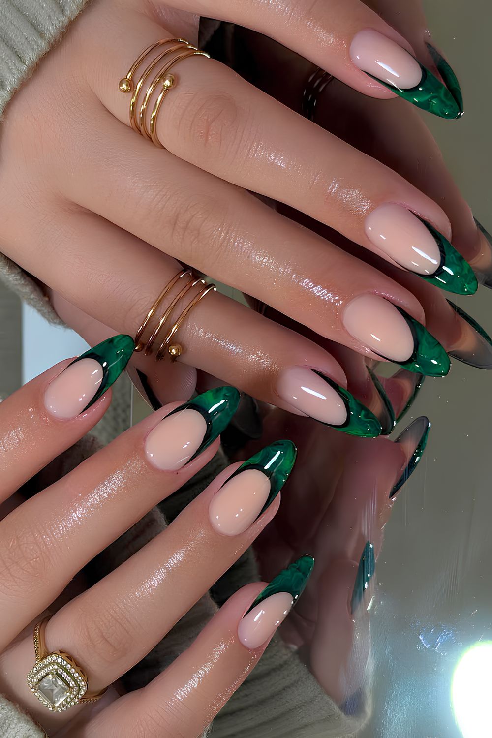 Dark green marble French tip nails