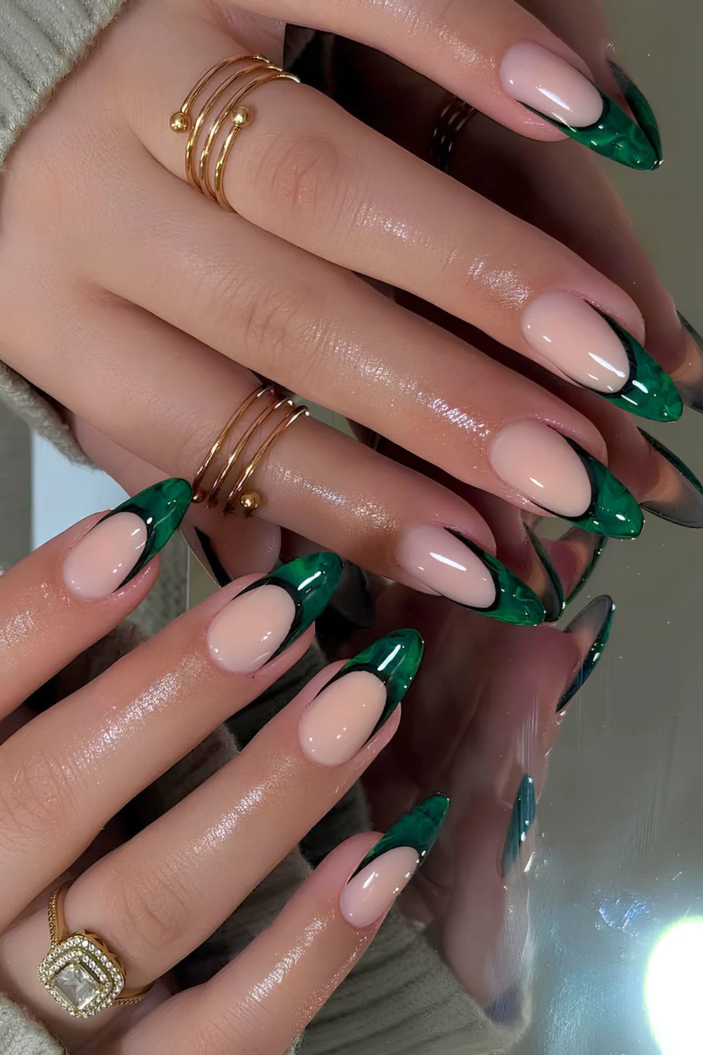 Dark green marble French tip nails