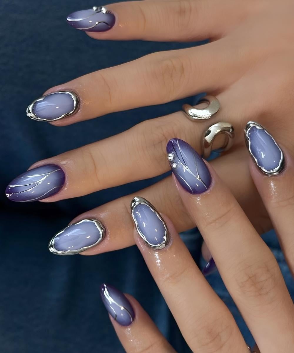 Dark purple mani with aura and silver details