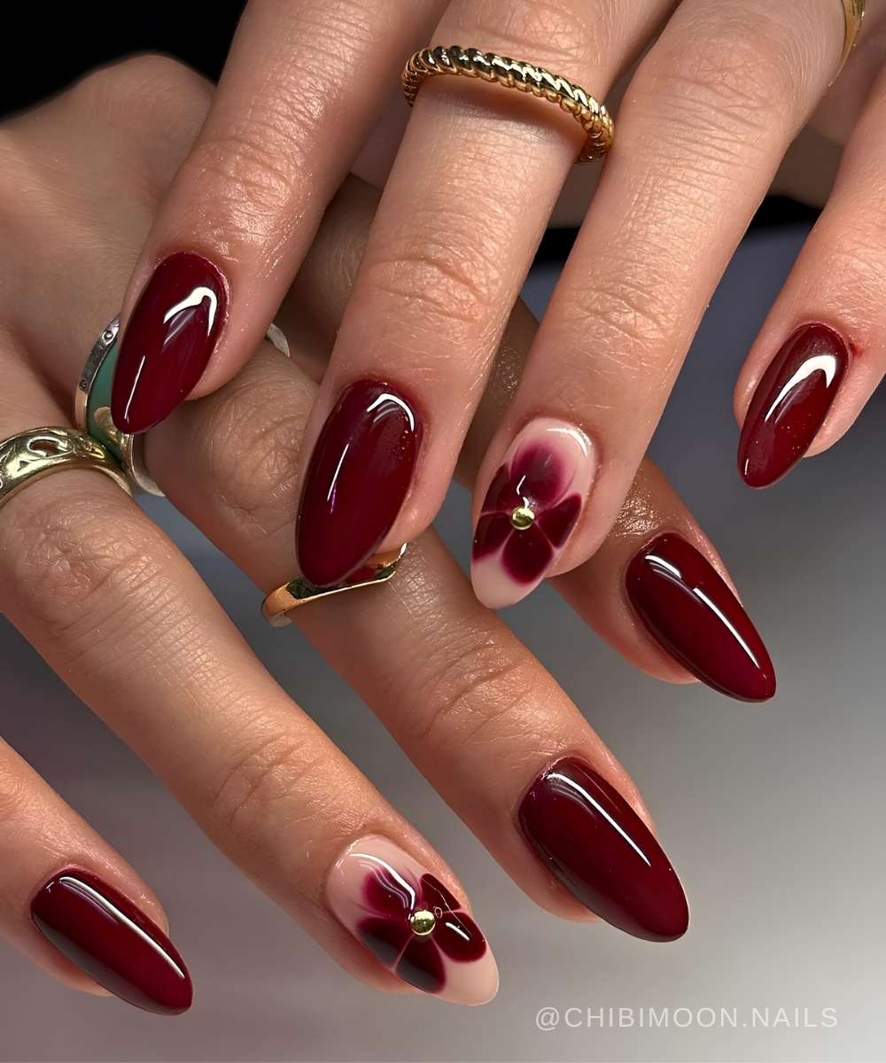Deep red mani with blooming gel florals