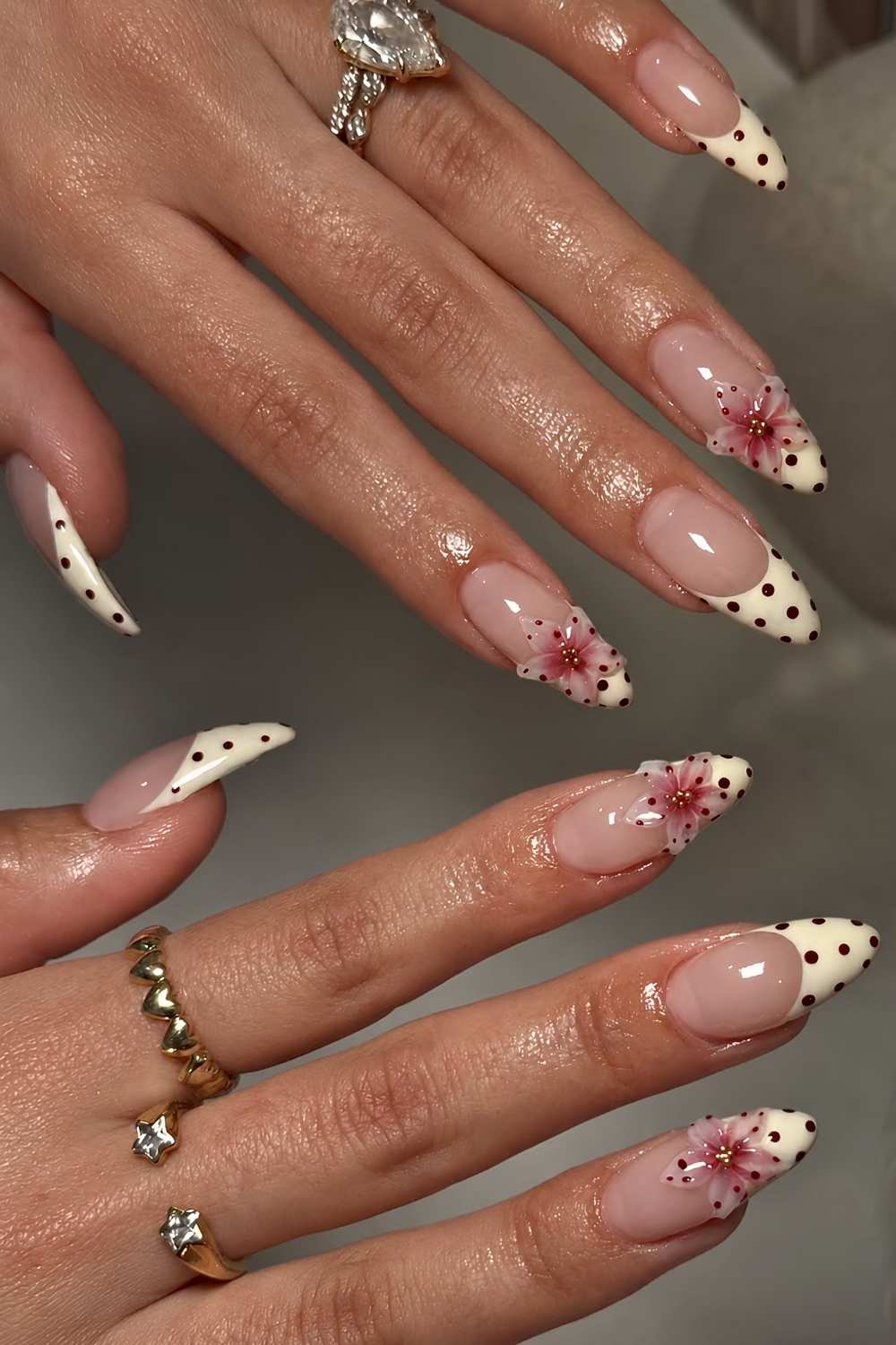 Dotted yellow French mani with 3d flowers