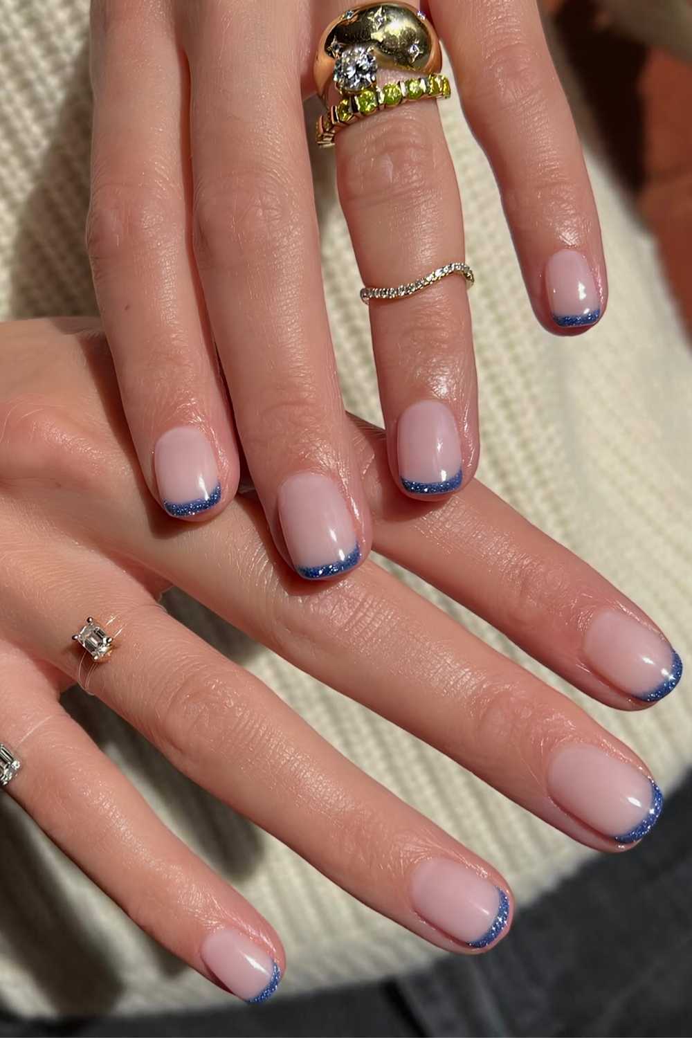 Glitter blue micro French nails