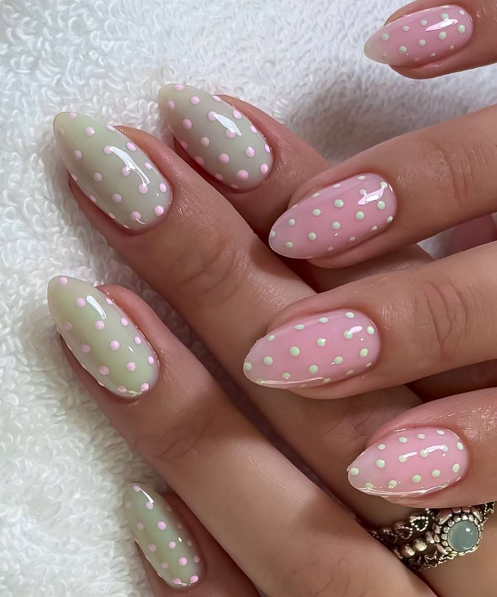 Green and pink polka dot nails