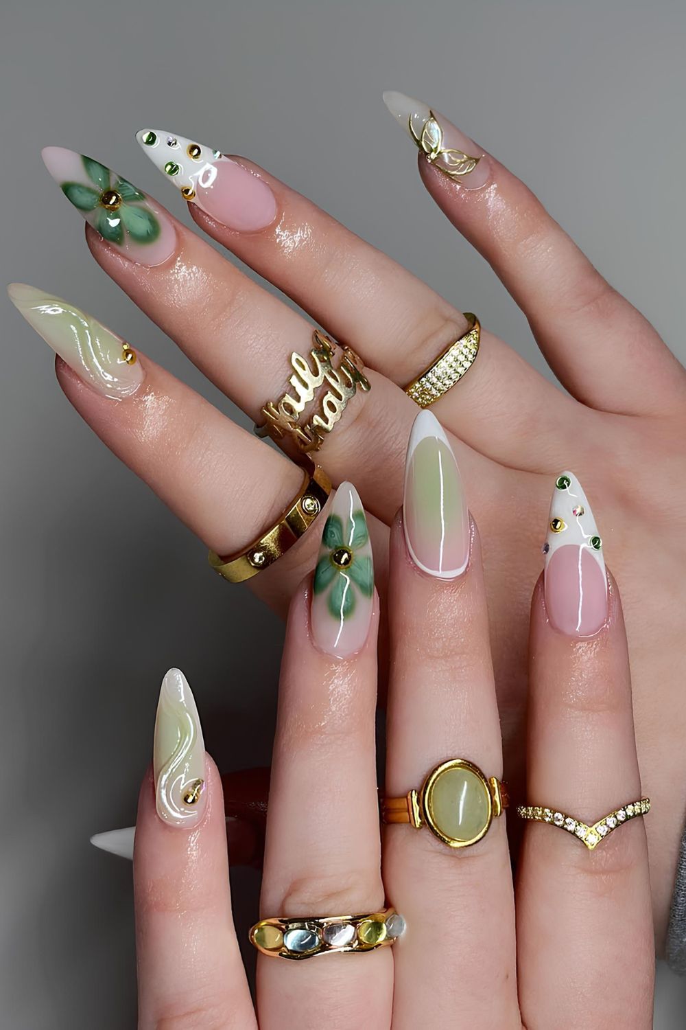 Green matcha latte nails with mix and match design