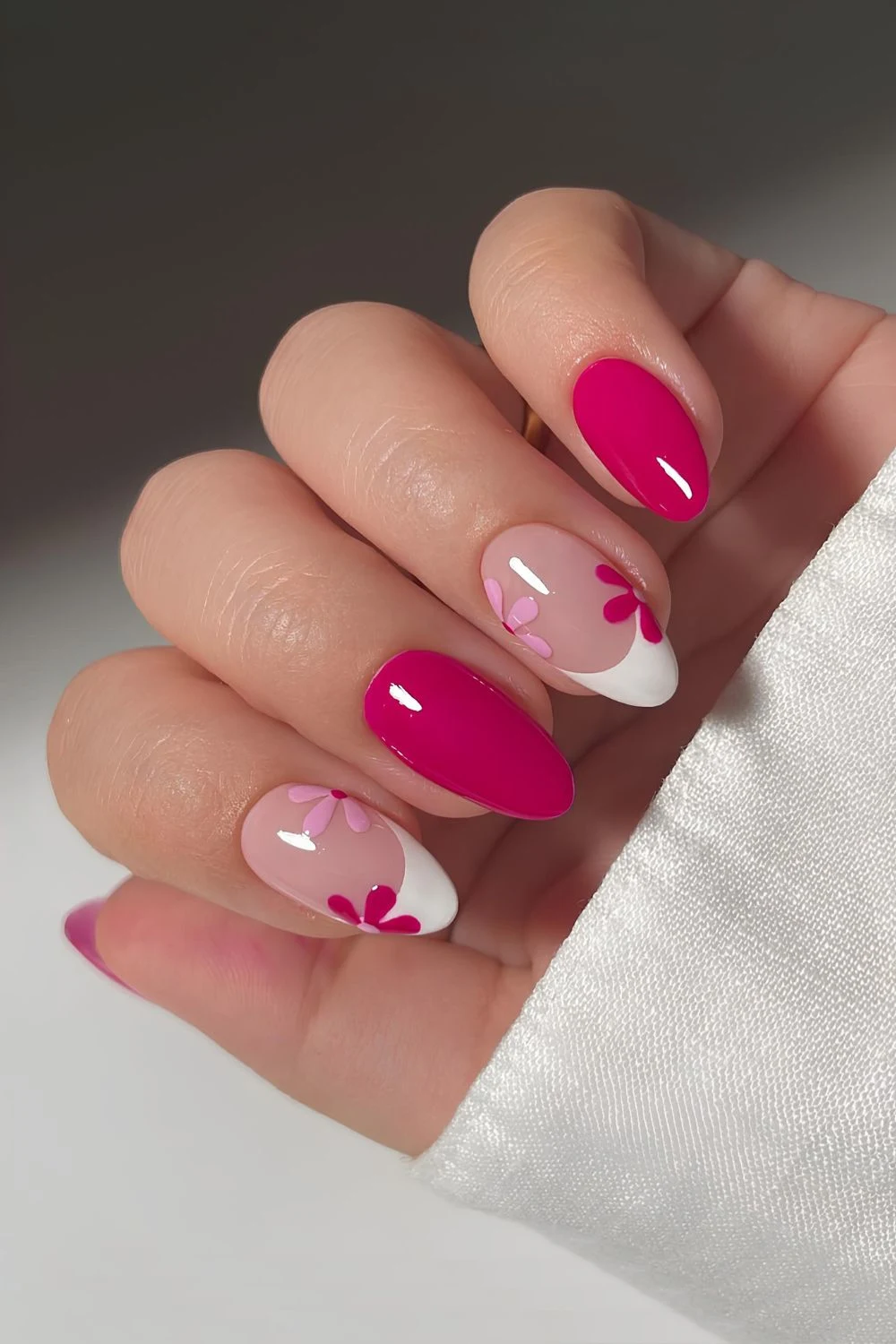 Hot pink and white floral nails