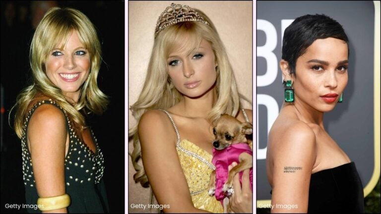 A collage of It girl portraits: Paris Hilton, Sienna Miller and Zoe Kravitz