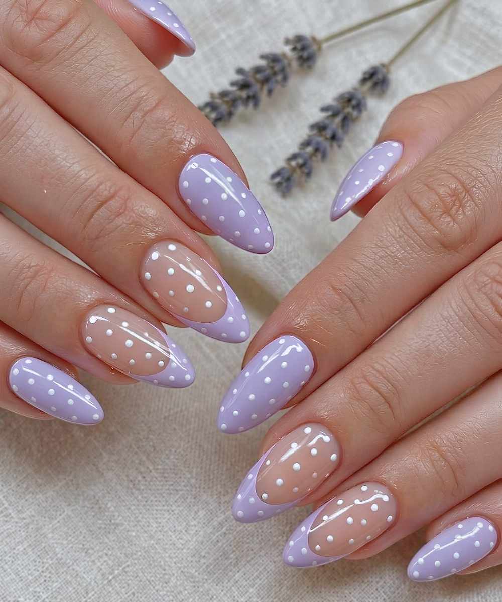 Lavender mani with white polka dots