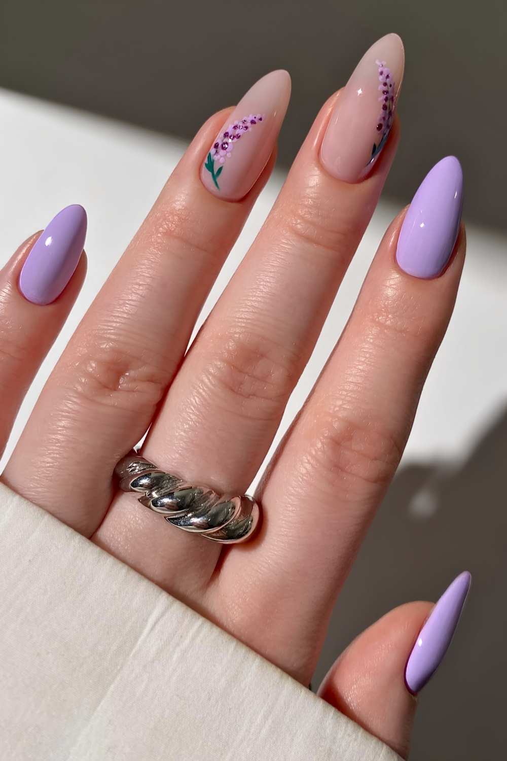 Lavender nails with lavender floral art