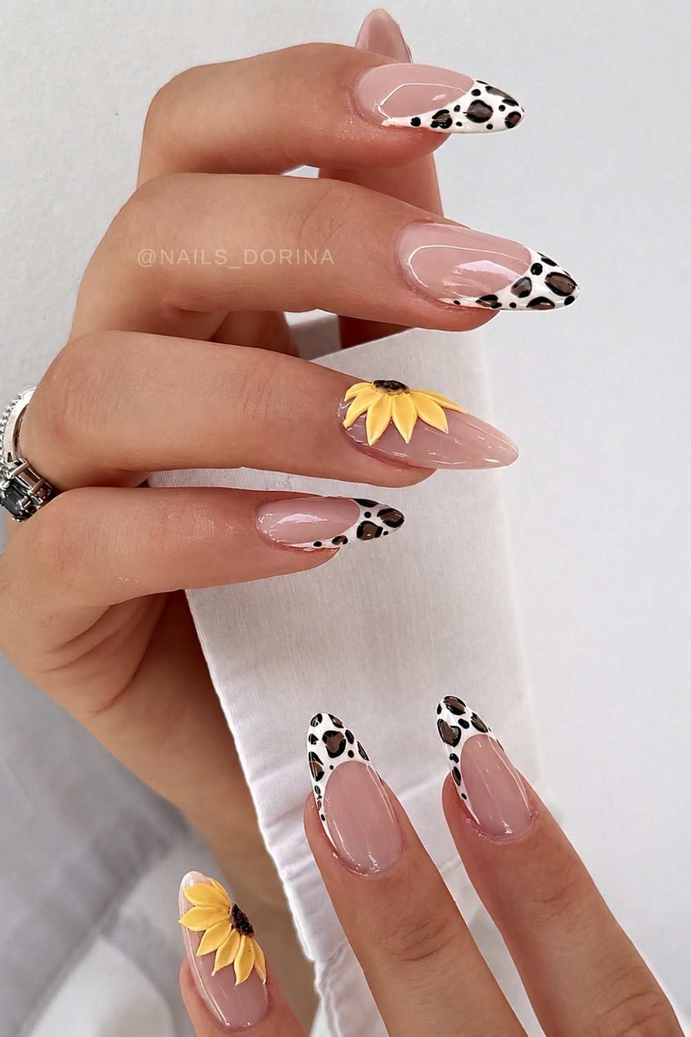 Leopard French mani with accent sunflowers