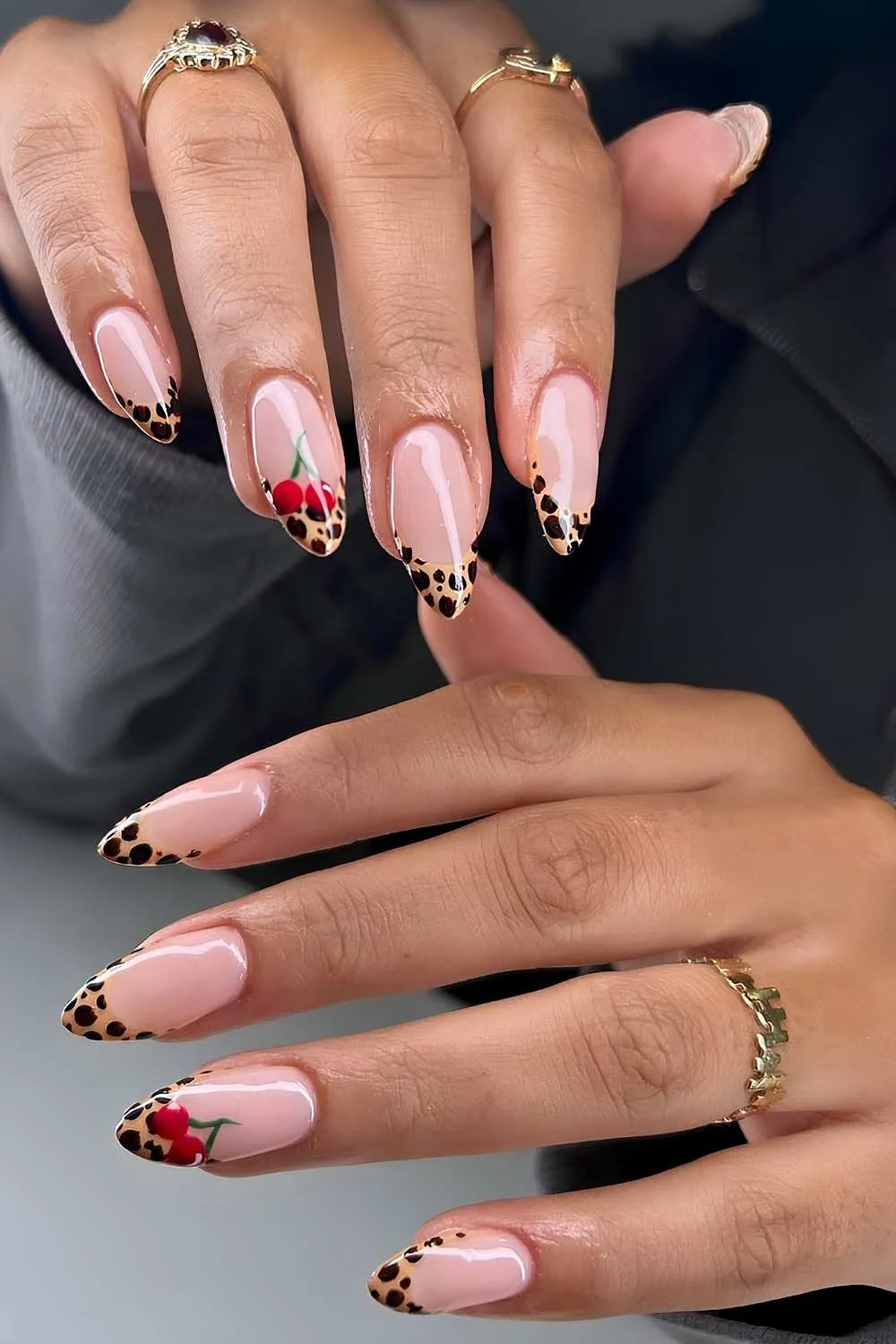 Leopard French manicure with cherry art