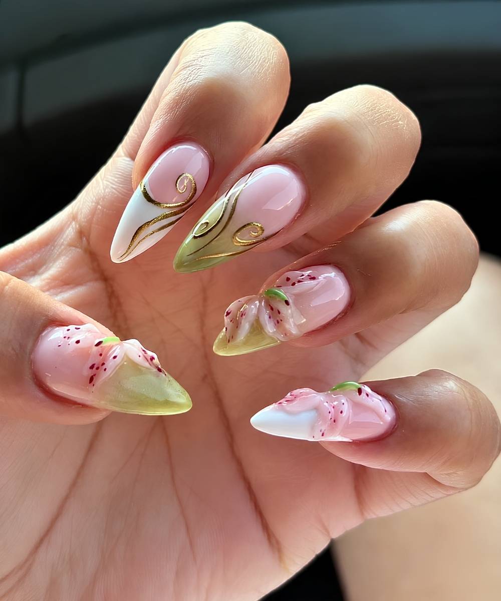 Matcha green and pink textured nails
