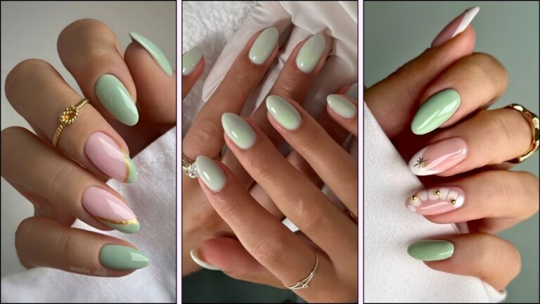 A collage of matcha green nail designs