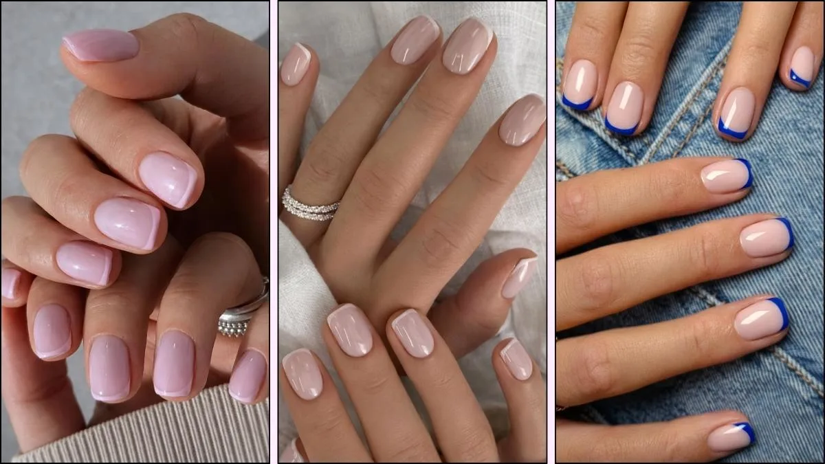 A collage of trendy micro French tip nails