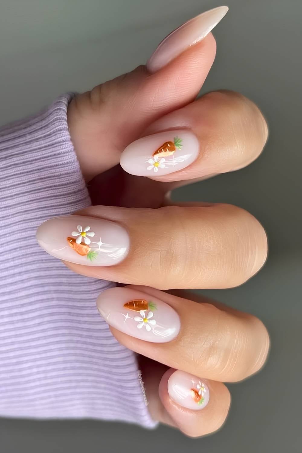 Milky nails with mini carrot and daisy art