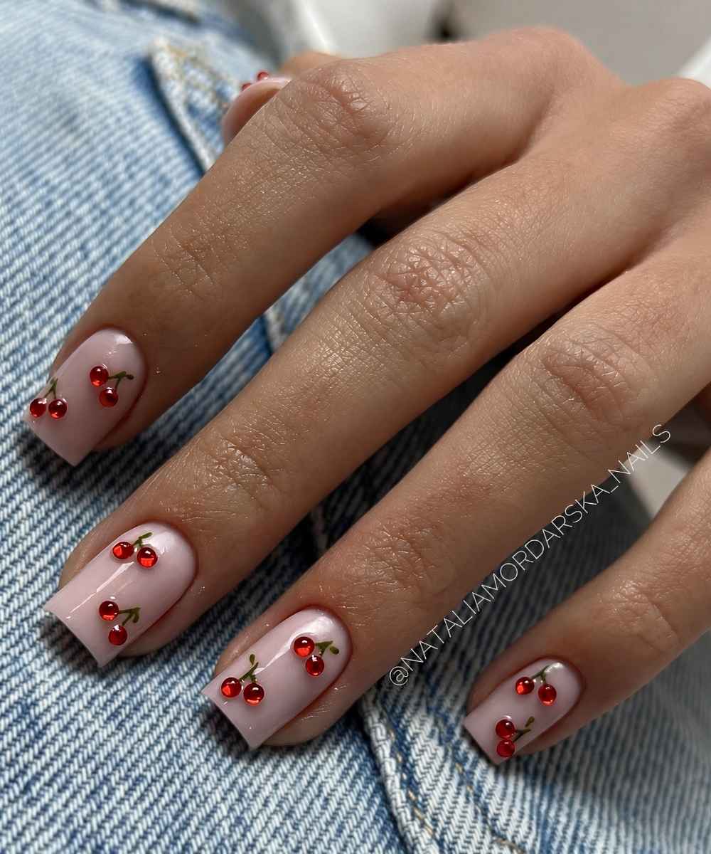 Milky pink mani with gem cherry art