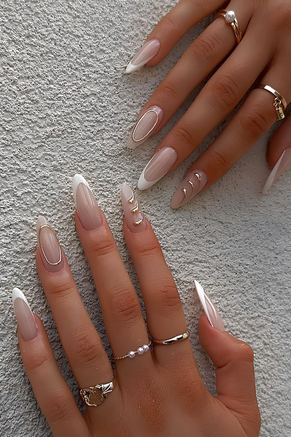 Milky white French mani with gold chrome accents