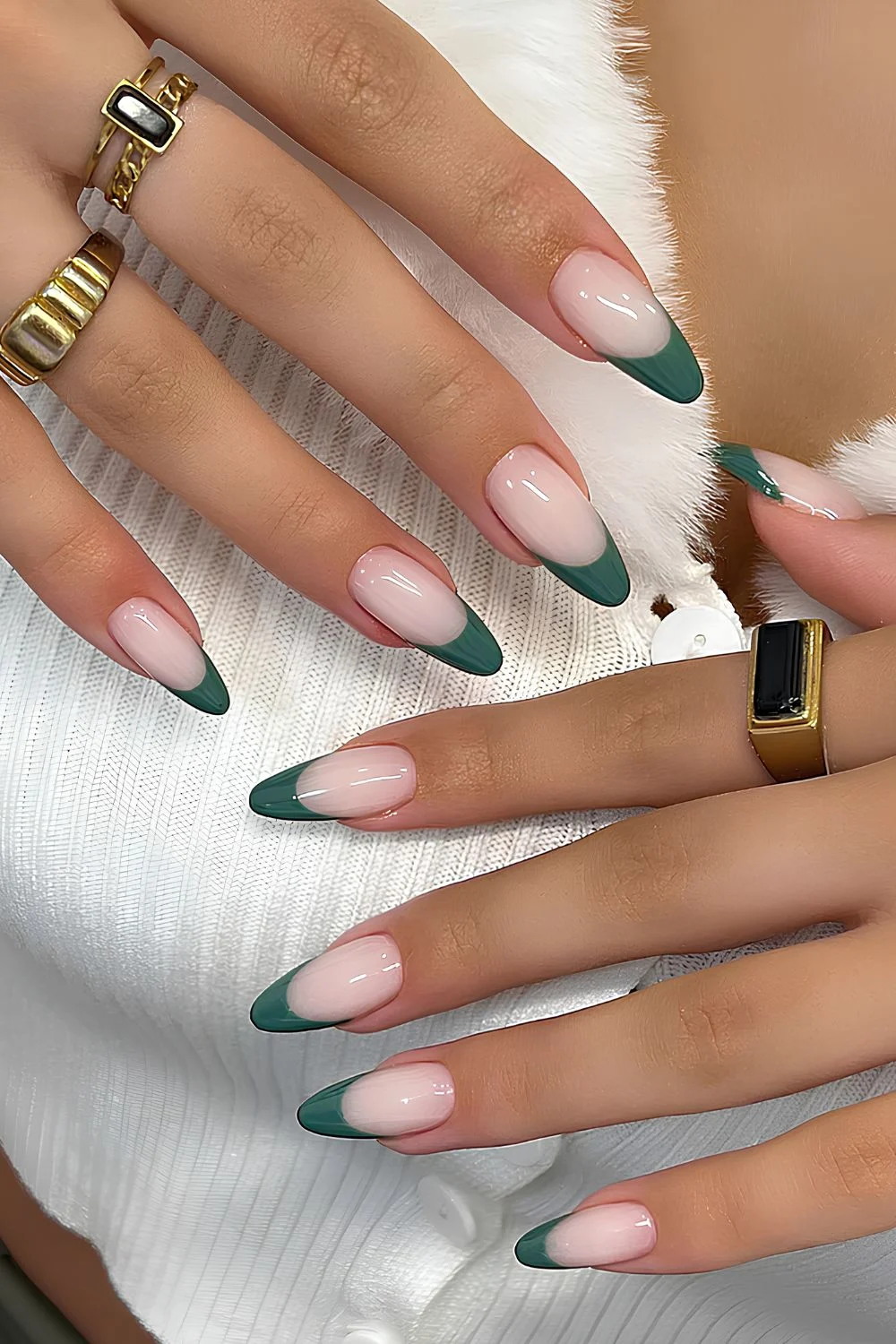 Milky white nails with dark green French tips