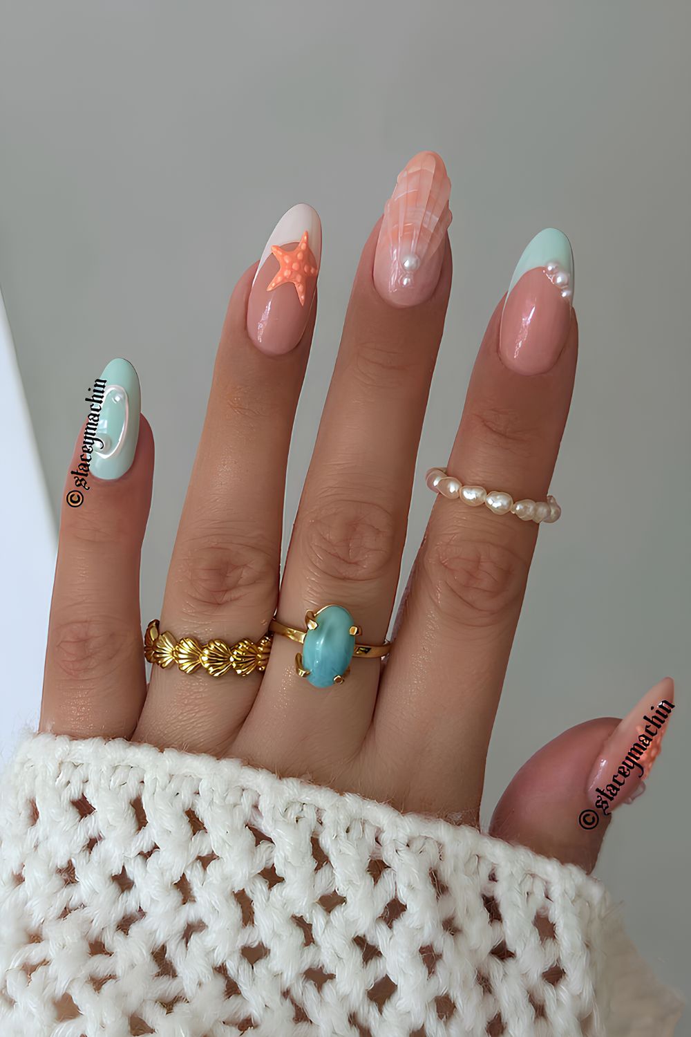 Mix and match mani with pearls and seashells