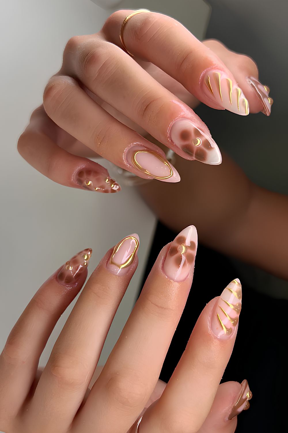 Mocha mousse mani with gold chrome accents