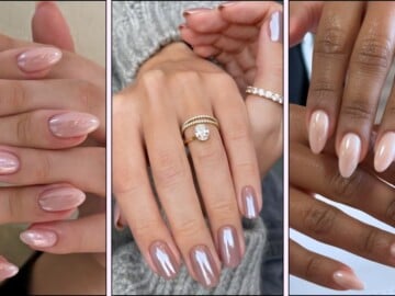 A collage of neutral chrome manicures