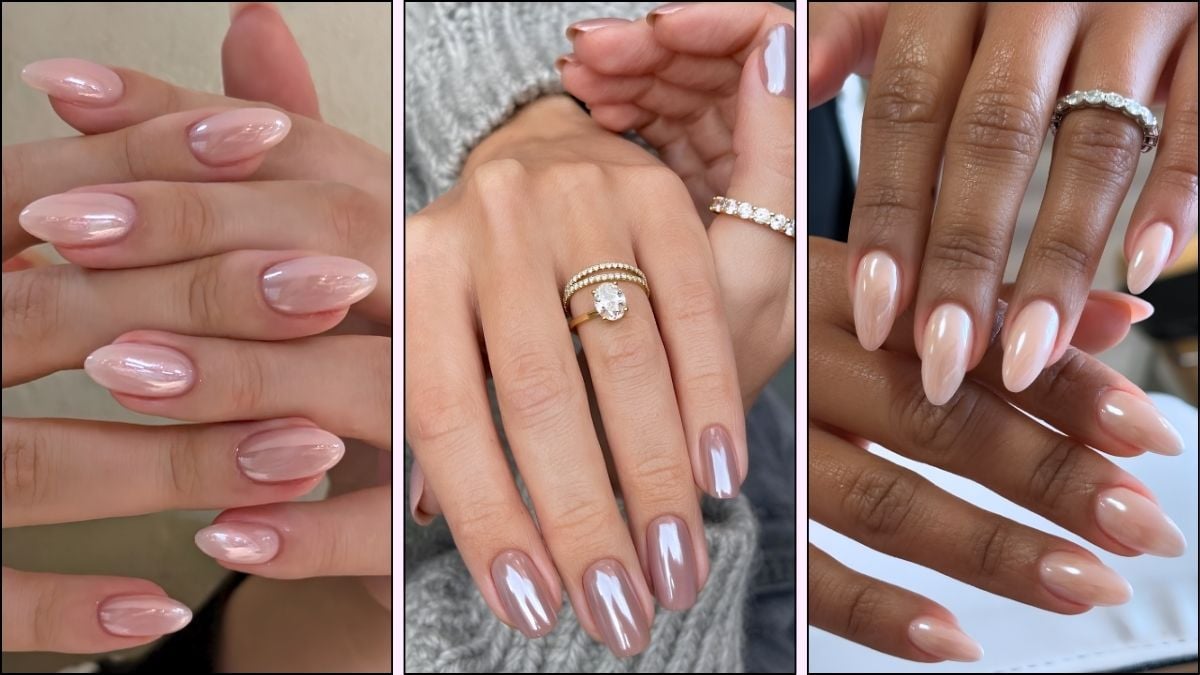 A collage of neutral chrome manicures
