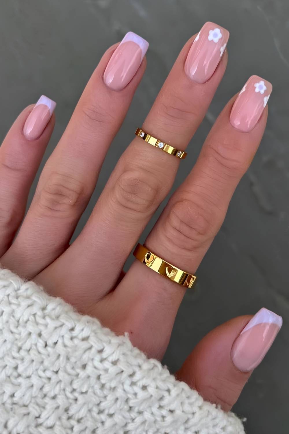Pastel lavender French mani with flowers