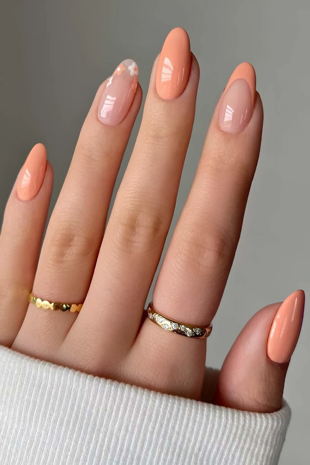 Peach mani with micro floral art