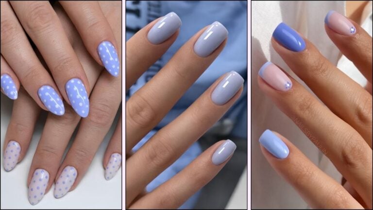 A collage of periwinkle nail designs