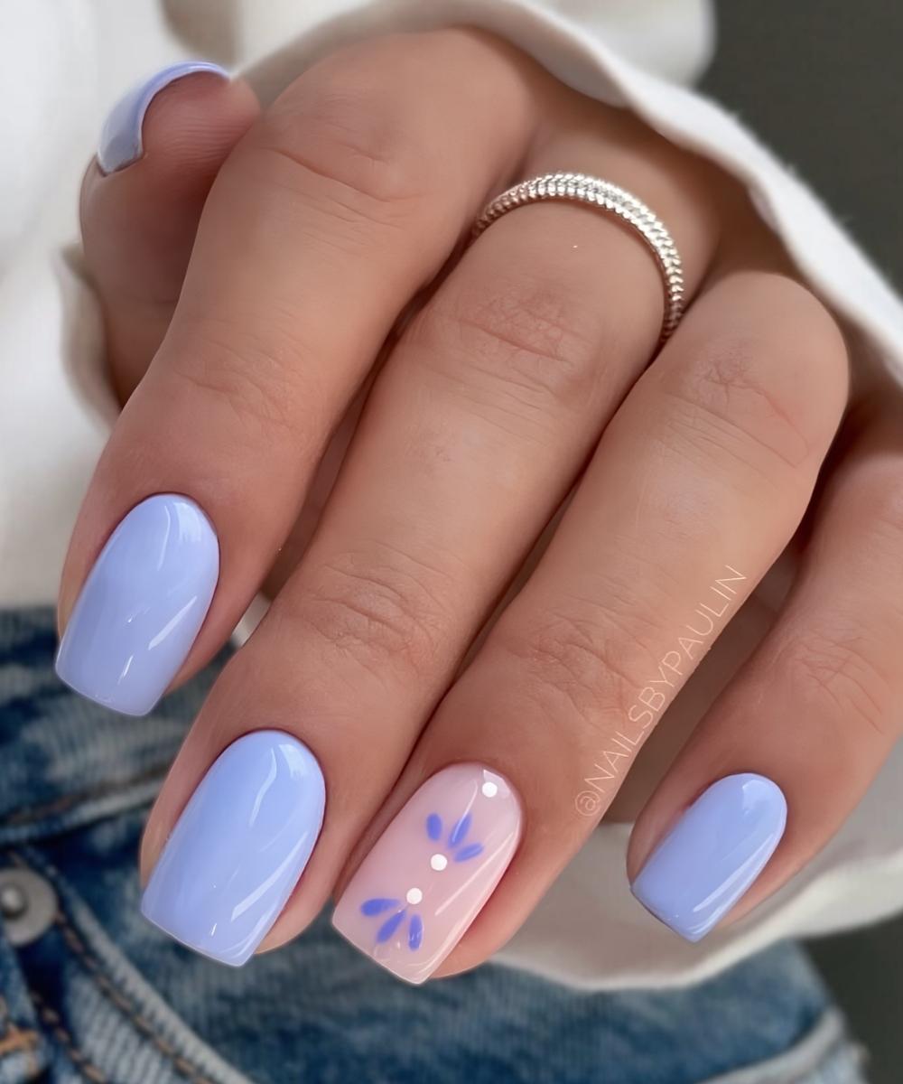 Periwinkle nails with abstract floral art