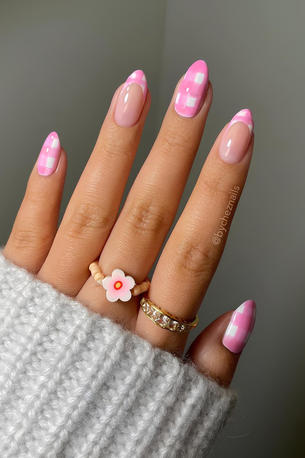 Pink French accent nails with gingham pattern