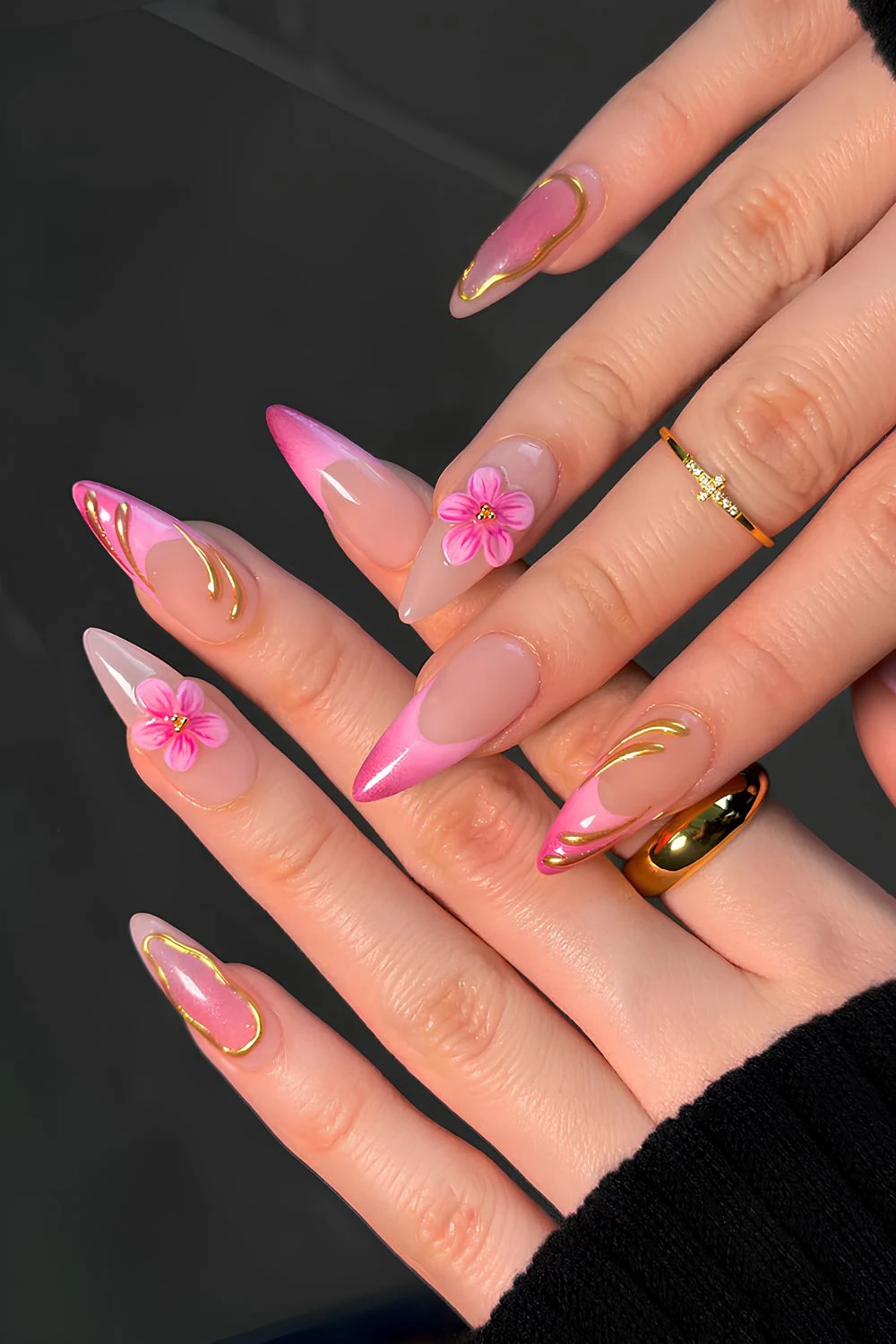 Pink and gold 3D floral nails